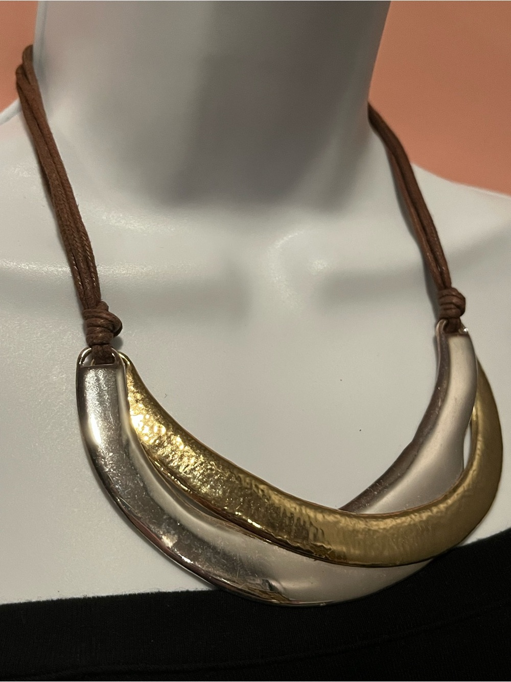 Two-Tone Hammered Crescent Necklace - Brown Cord